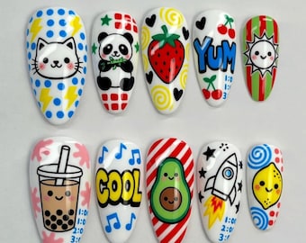 Cute Cartoon Press On Nails, Kawaii Pop Art Nail Set, Colorful Hand Painted Fake Nails, Fun Food Anime Nails, Y2K Aesthetic Press Ons