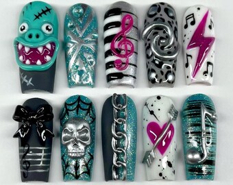 Rock Punk Skull Monster Press On Nails | 3D Frankenstein Lightning Chain | Edgy Long Fake Nails