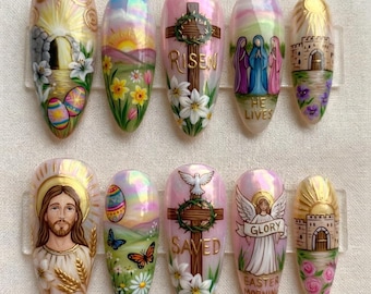 Easter Christian Press On Nails | 3D Jesus Cross Angel | Risen He Lives Saved | Religious Handmade Nails