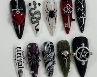 Gothic Horror Press On Nails | Spider Snake Bat Heart Coffin Nails | Dark Academia Goth 3D Handmade Nail Set