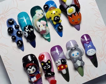 Kawaii Anime Character Press on Nails | Handmade 3D Ghibli Nails | High Quality Reusable False Nails | Luxury Hand-painted Art