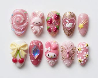 Handmade 3D Kawaii Bunny Press On Nails Cute My Melody Inspired Nails Coquette Swan Glue On Nails Pink Strawberry Luxury Art Gift For Her