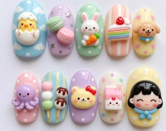 Kawaii 3D Press On Nails | Cute Pastel Dessert Nails | Bunny Bear Cartoon Nail Set | Handmade Japanese Style Nails
