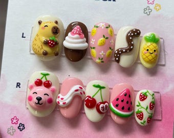 Cute Fruit Kawaii Press On Nails | 3D Bear Cherry Strawberry Pineapple | Sweet Long Fake Nails