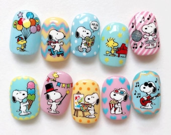 Cute Cartoon Snoopy Press On Nails | Kawaii Pastel Character Nails | Handmade Fun Comic Nail Art Set
