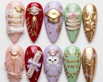 2026 Graduation Press On Nails | Custom Class of 2026 Nail Art | Gold Graduation Cap Nails | Luxury Handmade Senior Year Nails