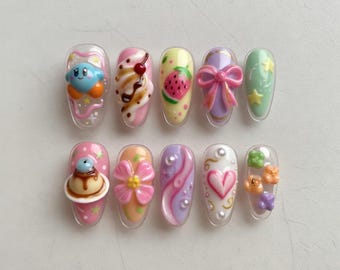 Kawaii 3D Press On Nails | Cute Kirby Dessert Nail Art | Pink Pastel Sweet Lolita Nails | Handmade Pudding & Flower Nails