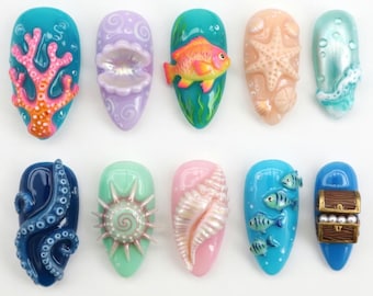 Ocean Theme Press On Nails | 3D Sea Shell & Starfish Nails | Beach Vacation Nail Art | Luxury Mermaid Core Under the Sea Nails