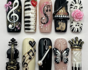 Music Piano Violin Press On Nails | 3D Grand Piano Strawberry Bow | Black Pink Luxury Fake Nails