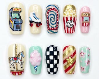 Carnival Arcade Press On Nails | 3D Carousel Popcorn Cotton Candy | Fun Fair Long Fake Nails