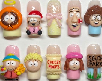 South Park Cartoon Press On Nails | 3D Custom Character Fake Nails | Cute Cheezy Poofs Gel Nails | Funny Y2K Anime Nails