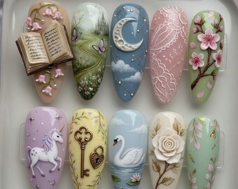 Fantasy Swan Unicorn Press On Nails | 3D Moon Book Rose Castle | Romantic Fairy Tale Nails
