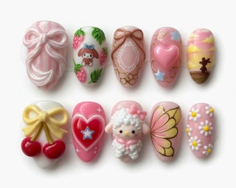 Handmade 3D Kawaii Lamb Press On Nails Cute Ribbon Bow Nails Coquette Pink Heart Glue On Nails Strawberry Butterfly Luxury Art Gift For Her