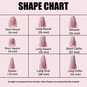 May include: A nail shape chart with nine different nail shapes in a mauve color. The chart includes Short Round, Long Round, Almond, Short Square, Long Square, Short Coffin, Stiletto, Long Oval, and Long Coffin. Lengths are measured in millimeters.