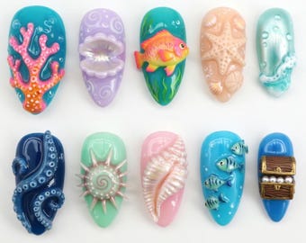 Under The Sea Press On Nails | 3D Coral Reef Octopus Fake Nails | Luxury Ocean Shell Pearl Nails | Mermaid Tropical Fish Gel Nails