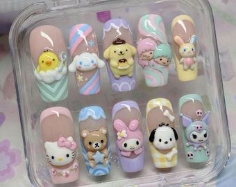 Kawaii Character Press On Nails Pastel Cute Nails Cartoon Nails 3D Animal Nails Handmade Glue On Nails