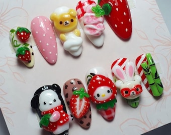 Kawaii Strawberry Character Press on Nails | Handmade 3D Rabbit Panda Nails | High Quality Reusable False Nails | Luxury Hand-painted Art
