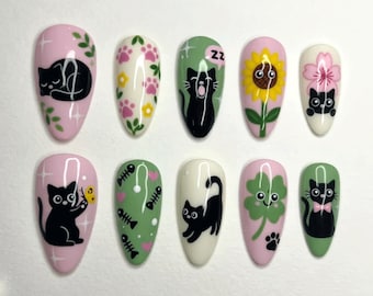 Cute Black Cat Press On Nails Kawaii Floral Kitty Nail Set Hand Painted Cartoon Cat Nails Pastel Pink Green Fake Nails Cute Animal Press Ons