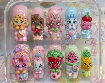 Foodie Faces 3D Press On Nails | Kawaii Donut Fruit Fake Nails | Colorful Sweet Shop Dessert Nails | Handmade Cartoon Reusable False Nails