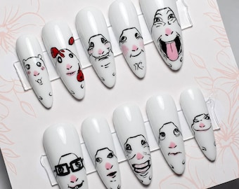 Funny Meme Expression Press on Nails | Handmade Silly Face Nails | High Quality Reusable False Nails | Luxury Hand-painted Art