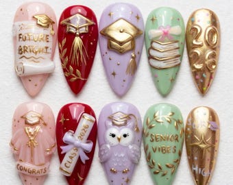 Luxury Graduation Press On Nails | Class of 2026 Fake Nails | 3D Senior Vibes Gel Nails | Future Bright Graduation Cap Gift