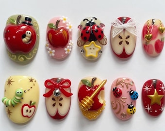 Cute Apple Press On Nails, Kawaii 3D Fruit Nail Set, Hand Painted Ladybug Fake Nails, Cottagecore Coquette Nails, Red Pink Acrylic Press Ons