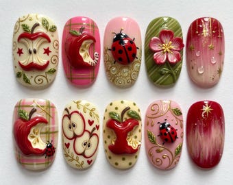 Handmade 3D Red Apple Garden Press On Nails Cute Ladybug Nails Pink Gingham Glue On Nails Fruit Flower Luxury Art Gift For Her