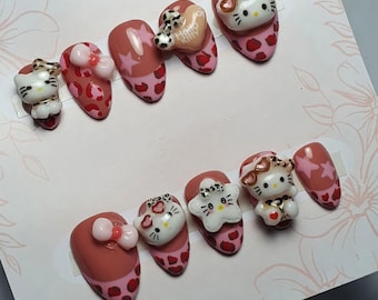 Kawaii Kitty Leopard Press on Nails | Handmade 3D Charm Nails | High Quality Reusable False Nails | Luxury Hand-painted Art