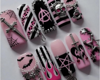 Pink Gothic Press On Nails | Punk Skull Bat Spider Web Nails | Emo Alt Girl Handmade 3D Nail Art Set