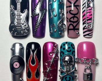 Y2K Rock Star Press On Nails, Edgy Punk Goth Nail Set, 3D Chrome Music Nails, Alternative Grunge Fake Nails, Rockstar Acrylic Press Ons