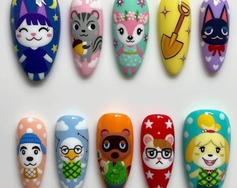 Animal Crossing Press On Nails, Cute Gamer Nail Set, Kawaii Cartoon Character Nails, Hand Painted Anime Fake Nails Colorful Gaming Press Ons