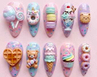 3D Sweet Treats Press On Nails | Kawaii Dessert False Nails | Cute Bear Cat Ice Cream Fake Nails | Pastel Dessert Nail Art