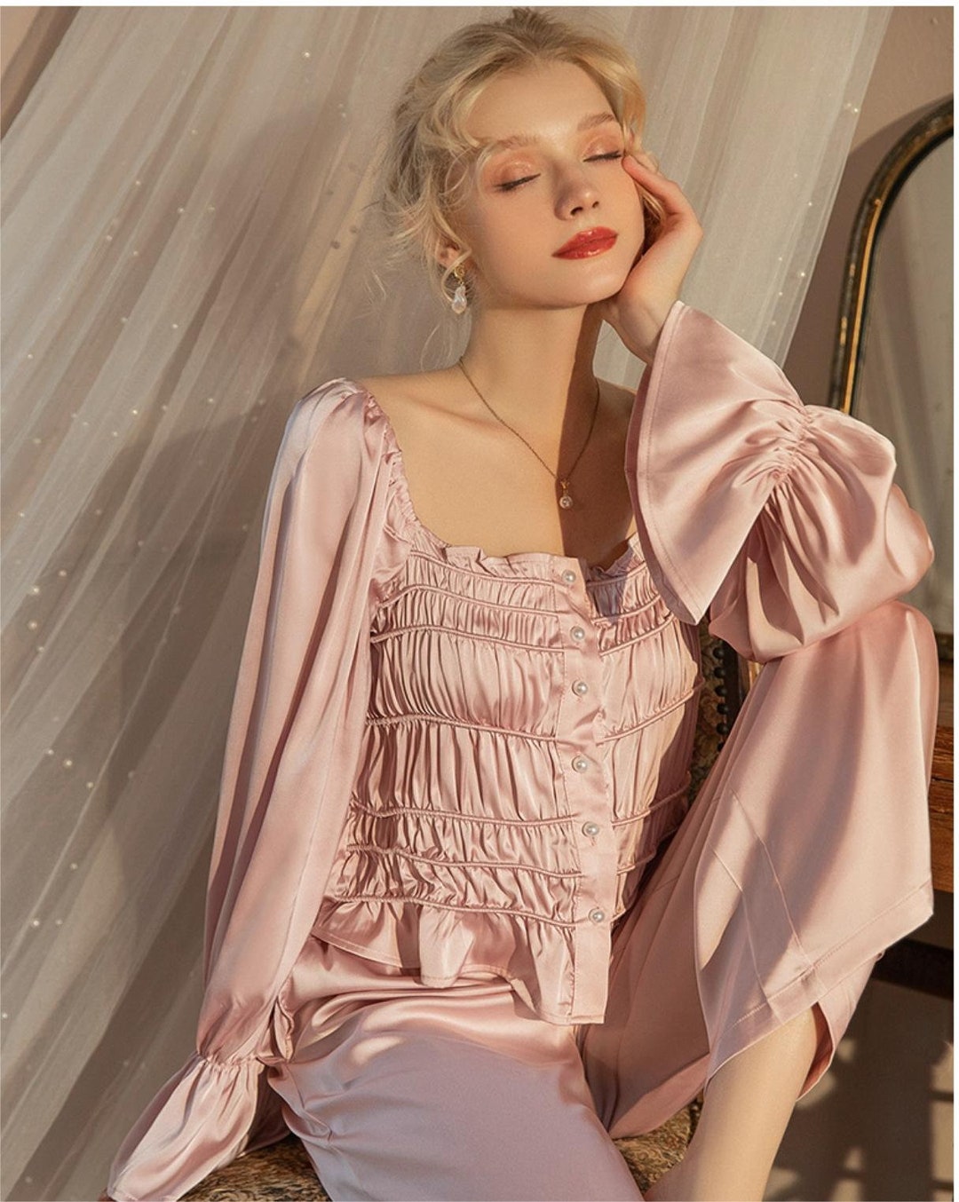 Pearl Button Silk Pajamas Sets Elegant French Pajamas Palace Style