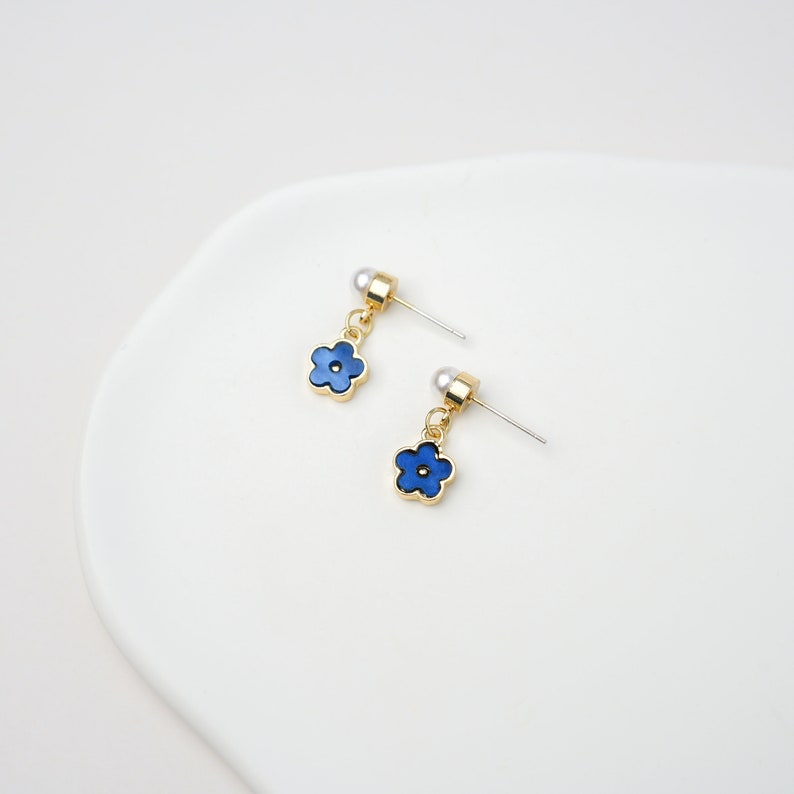 Blue Flower Drop Earrings Floral Pearl Jewellery Navy Flower Dangle Earrings Forget Me Not Silver Stud Earrings Gift for Her image 9