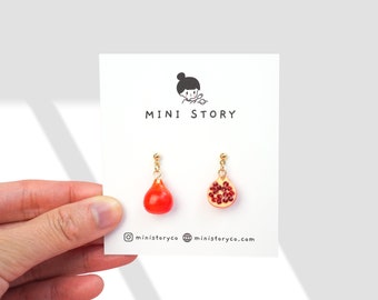Pomegranate Dangle Earrings | Aesthetic Mismatched Earrings | Miniature Fruit Jewelry | 18k Gold Ball Studs Drop Earrings