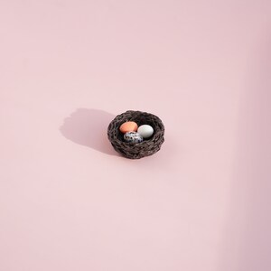 May include: A small brown woven nest with three eggs inside. One egg is white, one is speckled brown and white, and one is light orange.