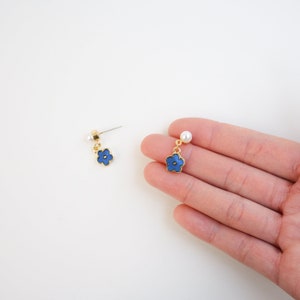 Blue Flower Drop Earrings Floral Pearl Jewellery Navy Flower Dangle Earrings Forget Me Not Silver Stud Earrings Gift for Her image 3