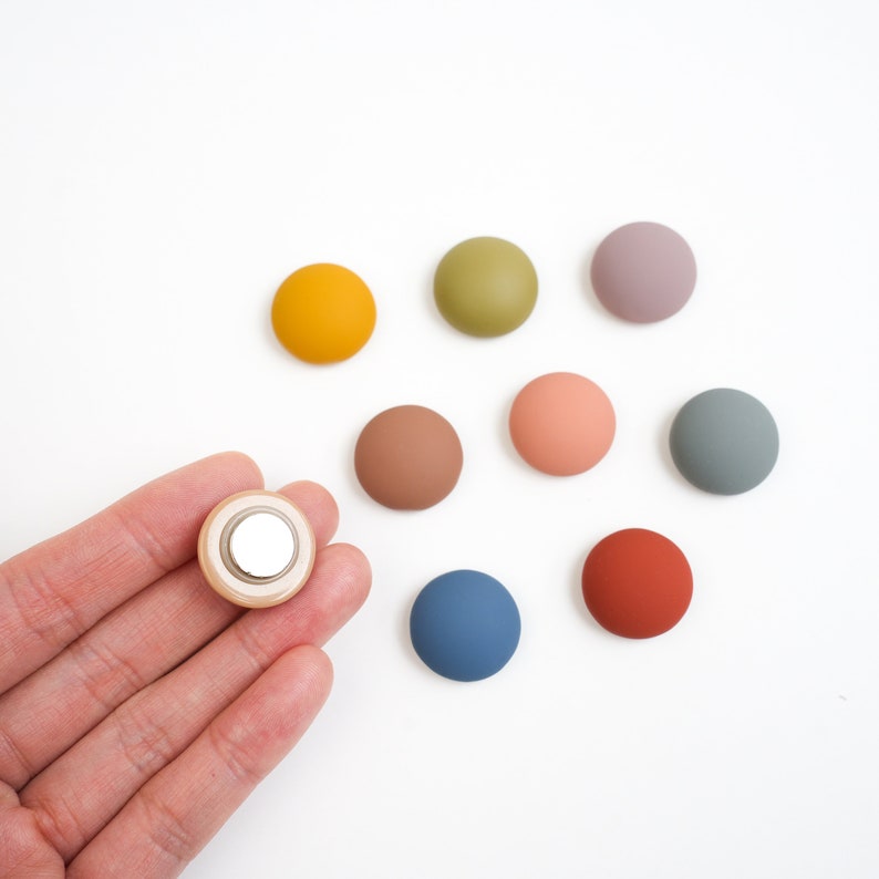 Pu&ograve; includere: Assortimento di magneti rotondi colorati in tonalit&agrave; di blu, verde, giallo, rosso, marrone e rosa. I magneti sono disposti in cerchio su una superficie bianca. Un magnete &egrave; tenuto in una mano.