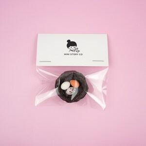 May include: A small brown bird's nest with three speckled eggs inside, packaged in a clear plastic bag with a white card that says "MINI STORY CO" on it.