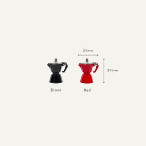May include: Two small espresso makers, one black and one red, are displayed. The red maker is 30mm tall and 25mm wide. The black maker has a silver top and black handle. The word "Black" is below the black maker, and "Red" is below the red maker.