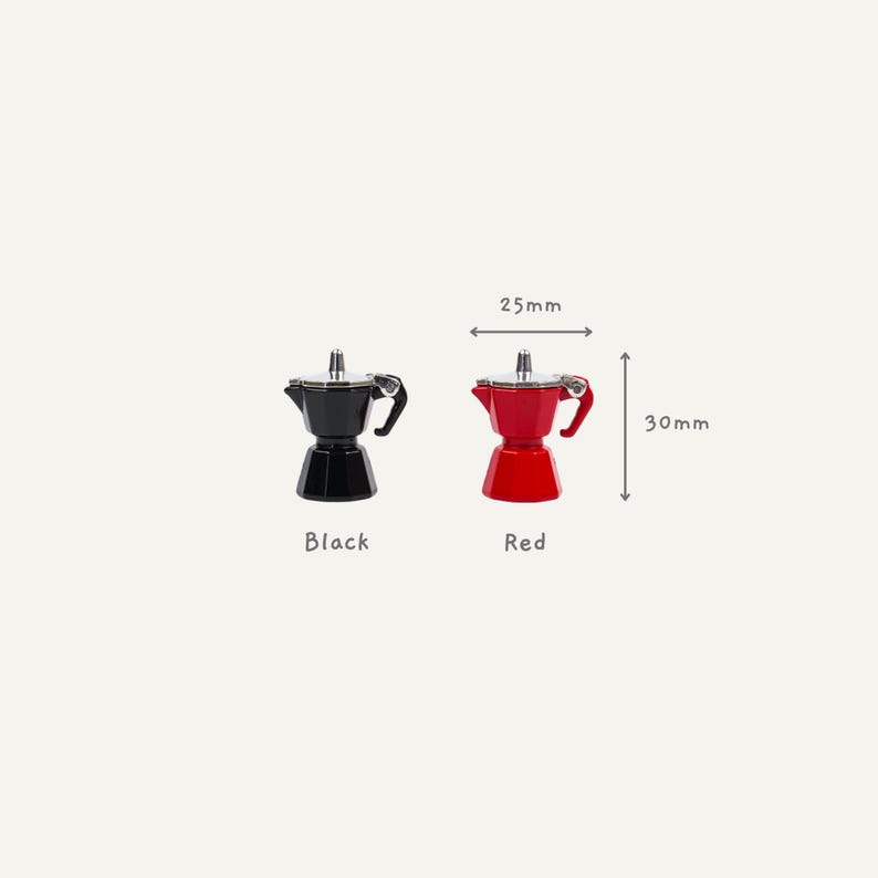 May include: Two small espresso makers, one black and one red, are displayed. The red maker is 30mm tall and 25mm wide. The black maker has a silver top and black handle. The word "Black" is below the black maker, and "Red" is below the red maker.