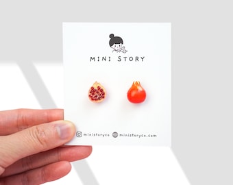 Pomegranate Studs | Aesthetic Mismatched Earrings | Miniature Fruit Jewellery | Pomegranate Stud Earrings | Silver Jewelry