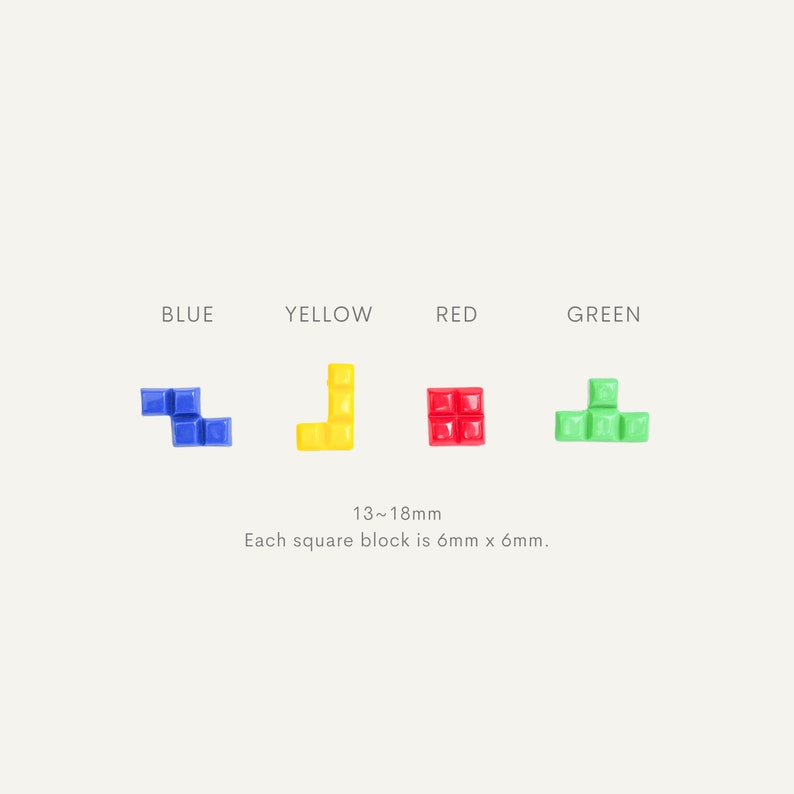 May include: Four Tetris-shaped blocks in blue, yellow, red, and green. Each block is made of smaller square blocks, measuring 6mm x 6mm. The blocks are arranged in a row, with the text "13~18mm" and "Each square block is 6mm x 6mm." below them.
