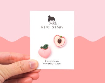 Pink Peach Pin Set | Cute Peach Half Brooch | Peach Heart Accessories | Peach Lover's Pin | Miniature Fruit Pin | Whimsical Gift