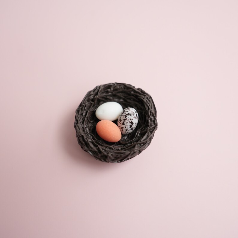 May include: A brown woven nest with three eggs inside. One egg is white, one is brown, and one is speckled.
