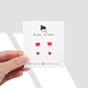Tiny Red Heart Studs Earrings | Valentine&#39;s Day Gift | Minimalist Earrings | Dainty Jewelry | Cute Silver Studs | Smiley Face Earrings