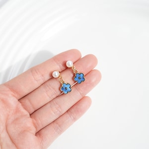 Blue Flower Drop Earrings Floral Pearl Jewellery Navy Flower Dangle Earrings Forget Me Not Silver Stud Earrings Gift for Her image 1