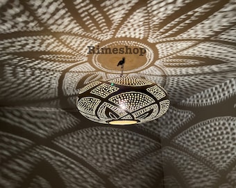 Brass Moroccan lampshade , living room lighting for hanging , open bottom lampshade , flat shape , Moroccan unique pattern by hand
