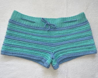 Crochet Mini Shorts Blue Striped | Beach Outfit Mini Shorts | Summer Shorts | Y2K Mini Shorts | Low Waisted | Pajama Shorts | Drawstring