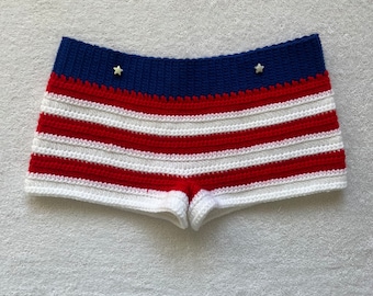 American Flag Crochet Mini Shorts | Red, White, Blue | Beach Outfit Mini Shorts | Summer Shorts | Y2K Mini Shorts | Hip Hugging Low Waisted
